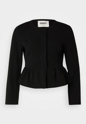 Juodas peplumo švarkas pagamintas iš tekstūruotos medžiagos. Turi apvalų iškirpimą, ilgomis rankovėmis ir priekine dalimi be mygtukų. Matomas prekės ženklo etiketė.