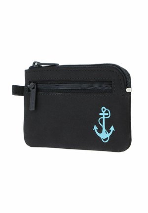 Pochette noire zippée avec poche avant et motif d'ancre bleu clair dans le coin inférieur droit, avec une petite boucle latérale.