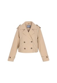Beige cropped trench coat med dobbeltbrystet design, reverskraver, skulderlapper og knaplukninger ved ærmerne. Glat stoftekstur.