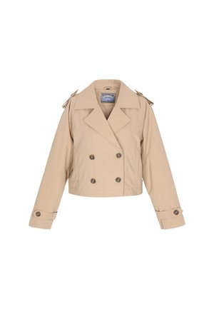 Manteau trench cropped beige avec un design double boutonnage, des revers en notch, des épaulettes et des poignets boutonnés. Texture de tissu lisse.