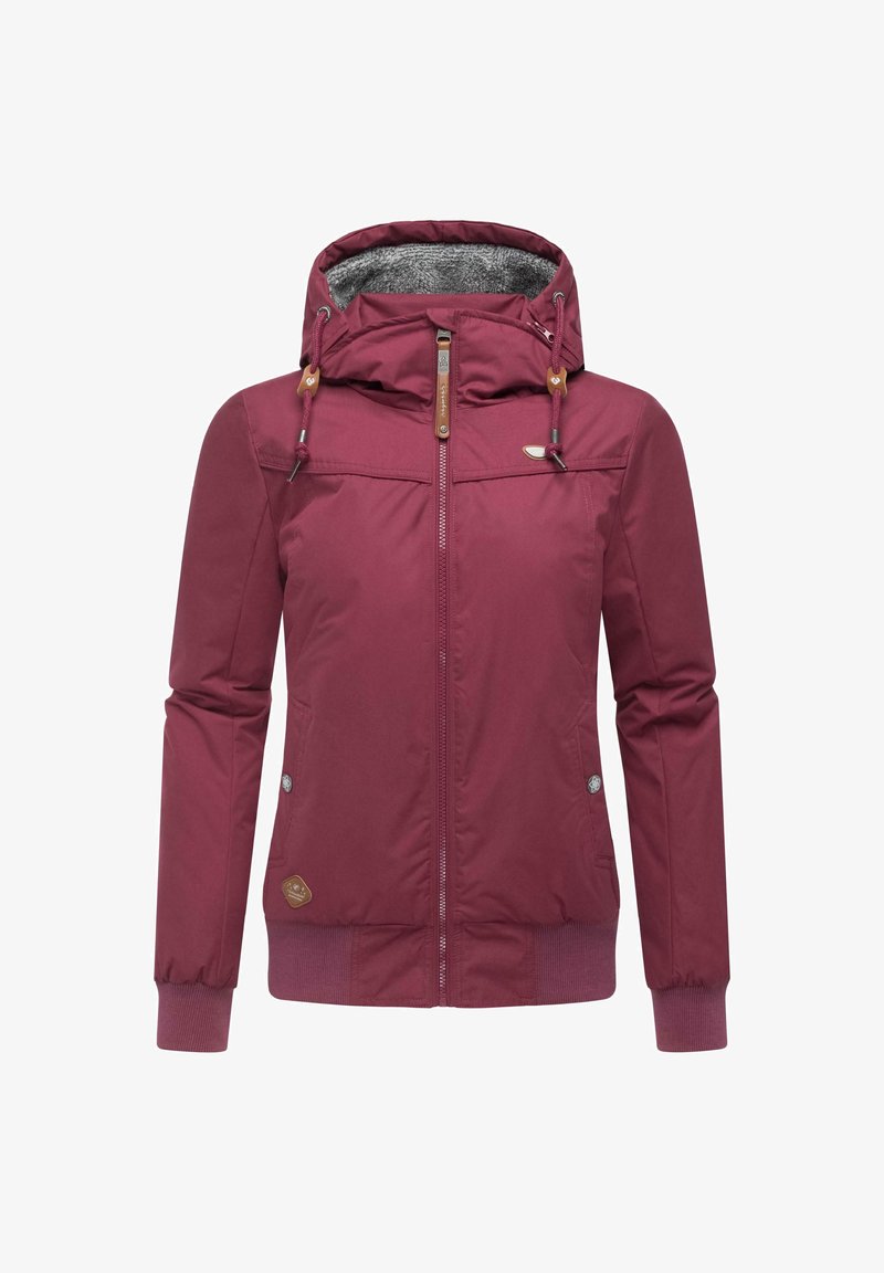 Burgundy zip-up jacket with a hood. Features elastic cuffs, a textured inner lining, and wooden toggles. Includes front pocket details.