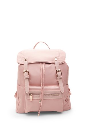 Pink, faux leather backpack with a top flap, adjustable straps, front zipper pocket, and drawstring closure. Smooth texture, minimalistic design.