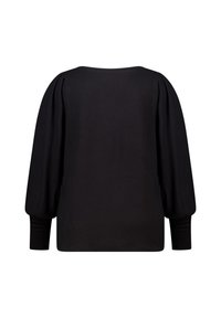 Zwarte langemouwtop met een losse pasvorm, ronde halslijn en puffed mouwen met geplooide details bij de schouders en manchet.