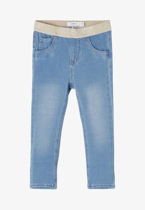 Leggings para niños pequeños de color azul claro con cintura elástica beige que presenta un sutil estampado floral y bolsillos delanteros falsos.