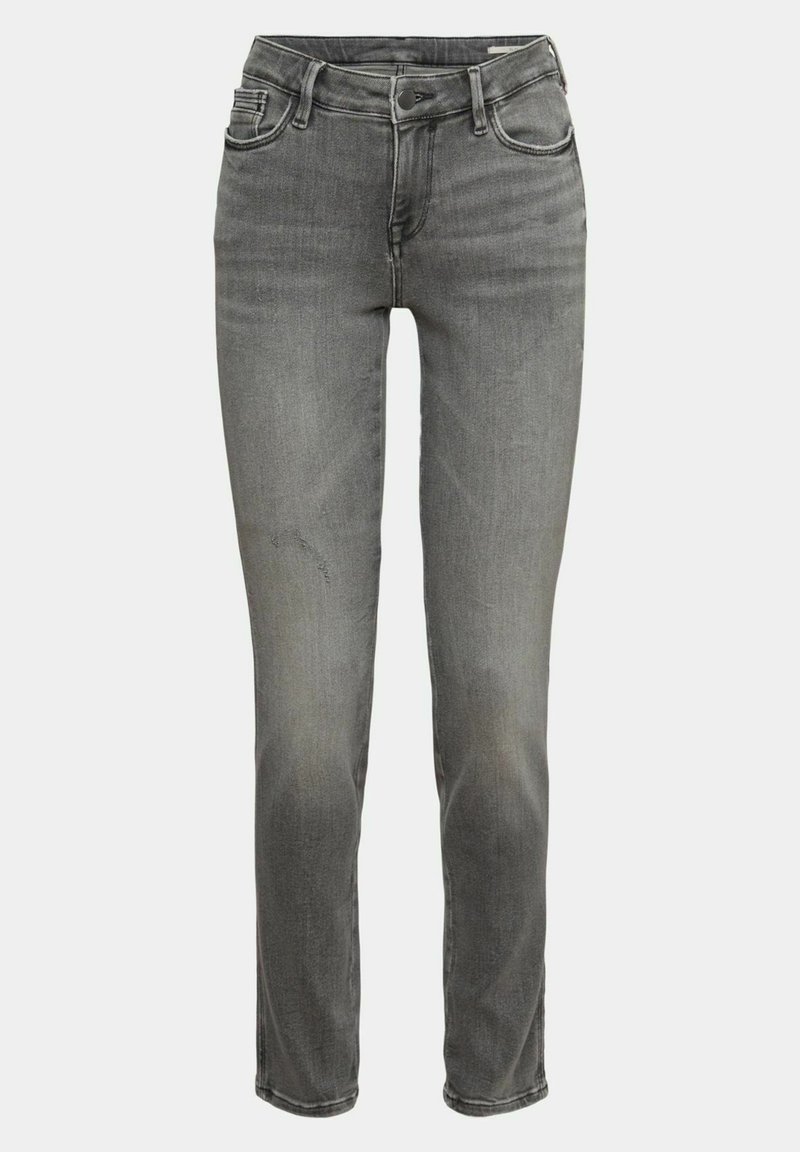 Graue Jeans aus Denim mit geradem Schnitt. Zu den Merkmalen gehören Fronttaschen, eine kleine Münztasche und dezentes Verblassen entlang der Beine.