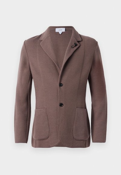 Brown textured knit blazer with notch lapels, two front patch pockets, two black buttons, and a small decorative pin on the lapel.