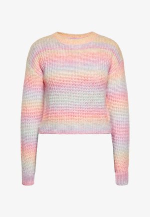 Adīts džemperis mīkstos pasteļtoņu gradientos (rozā, zils, dzeltens). Tam ir apaļa kakla izgriezums, garas piedurknes un īsāka piegriezuma forma, kā arī teksturēta auduma virsma.