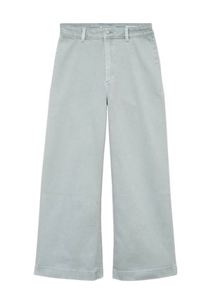 Pantalon gris clair à jambes larges avec passants pour ceinture, bouton à l'avant, fermeture éclair et poches latérales, présenté à plat sur un fond blanc.