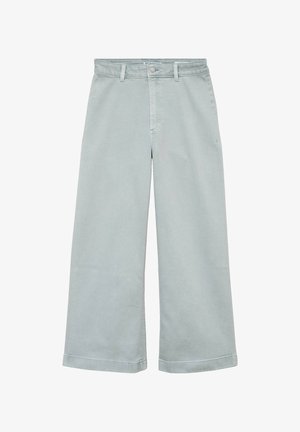 Hellgraue Hosen mit weitem Bein, Gürtelschlaufen, vorne Knopf- und Reißverschluss sowie Seitentaschen, flach auf weißem Hintergrund ausgelegt.