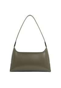 Borsa a mano verde oliva con finitura liscia e una sottile tracolla, caratterizzata da un design minimalista e un'elegante silhouette.