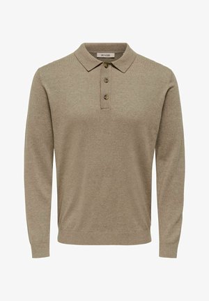 Long-sleeve polo shirt in light brown with a knit texture. Features a collared neck and three button placket, ribbed cuffs, and hem.