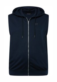 Navy sleeveless hoodie with a front zipper, adjustable drawstring, and side pockets. Made of soft fabric, featuring a subtle logo near the zipper.