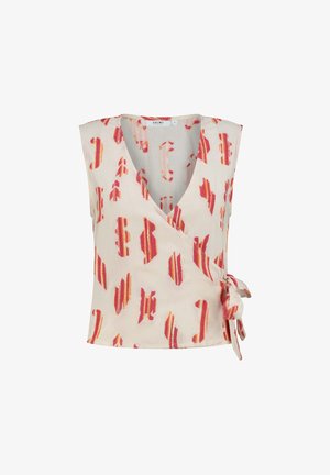 Gornji dio odjeće od kremaste tkanine s apstraktnim uzorcima u crvenoj i narančastoj boji. Sadrži duboki V-izrez, bez rukava i vezanje u struku.