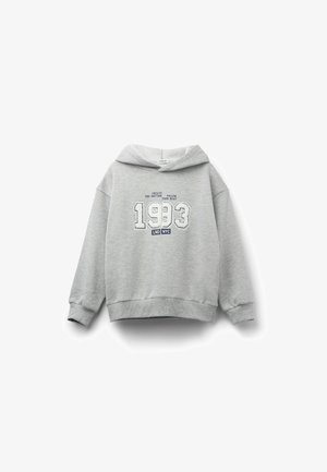 Grey hooded sweatshirt with a relaxed fit, featuring white embroidered text "1983" and "LND NYC" on the front, ribbed cuffs and hem.