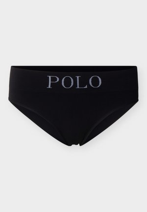 Sous-vêtement noir de style slip avec une ceinture large portant le mot "POLO" en gris centré à l'avant.