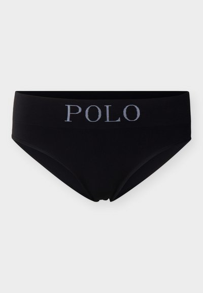 Black brief-style underwear with a wide waistband featuring the word "POLO" in gray centered on the front.