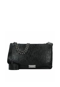 Borsa a tracolla in pelle nera con finitura testurizzata, dotata di una catena argentata e dettagli metallici sulla chiusura. Design rettangolare compatto.