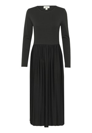 Black long-sleeve dress with a fitted top and pleated skirt. Made from a smooth material, features a round neckline and ankle length.