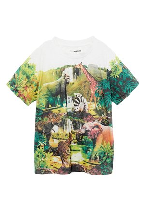 Dziecięca koszulka z krótkim rękawem z kolorową sceną dżungli przedstawiającą goryla, żyrafę, lemura, tygrysa, lamparta i słonia wśród bujnej zieleni i wodospadu.
