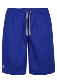 Blaue Sportshorts aus atmungsaktivem Mesh-Stoff, mit einem elastischen Taillenbund und einem grauen Kordelzug sowie dem weißen Under Armour-Logo.