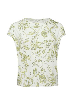 Biała bluzka z krótkim rękawem, ozdobiona jasnym zielonym kwiatowym wzorem i okrągłym dekoltem.
