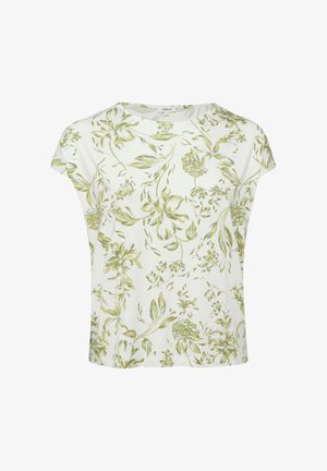 Witte blouse met korte mouwen, lichtgroene bloemenprint en een ronde halslijn.