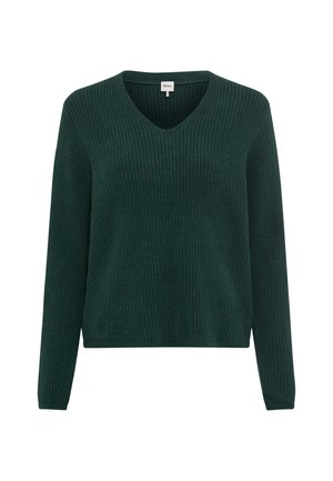 Pull côtelé vert foncé avec un col en V, des manches longues et des coutures inclinées sur les côtés. Texture douce, conçu pour une coupe décontractée.