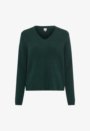 Pull côtelé vert foncé avec un col en V, des manches longues et des coutures inclinées sur les côtés. Texture douce, conçu pour une coupe décontractée.