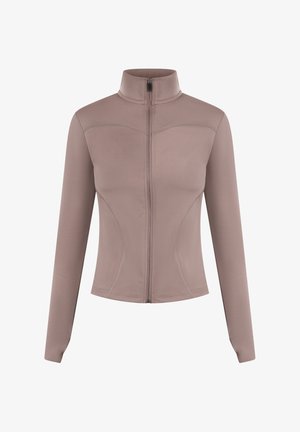 Giacca aderente a maniche lunghe in taupe chiaro, realizzata in tessuto liscio con colletto alto e zip frontale; presenta delicati dettagli delle cuciture.