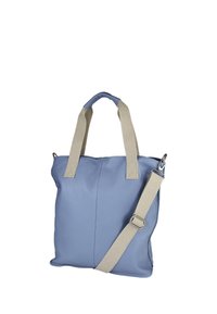 Blauwe leren totebag met twee stoffen handvatten en een afneembare verstelbare riem. Glad oppervlak met een gestructureerde vorm en zilverkleurige metalen details.