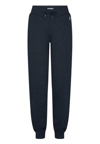 Pantaloni jogger blu navy realizzati in tessuto morbido con vita elasticizzata, cordoncino regolabile e polsini affusolati. Presentano un dettaglio con logo.