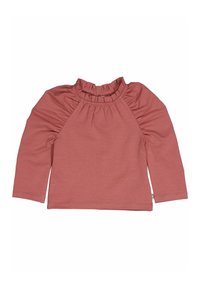 Top a maniche lunghe in rosa tenue, con colletto alto arricciato e arricciature alle cuciture delle spalle. Tessuto morbido con orlo dritto.