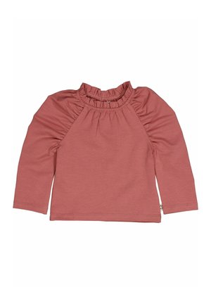 Langsleeve top in gedempt roos, met een ruffled hoge halslijn en plooien bij de schoudernaden. Glad stof met een rechte zoom.
