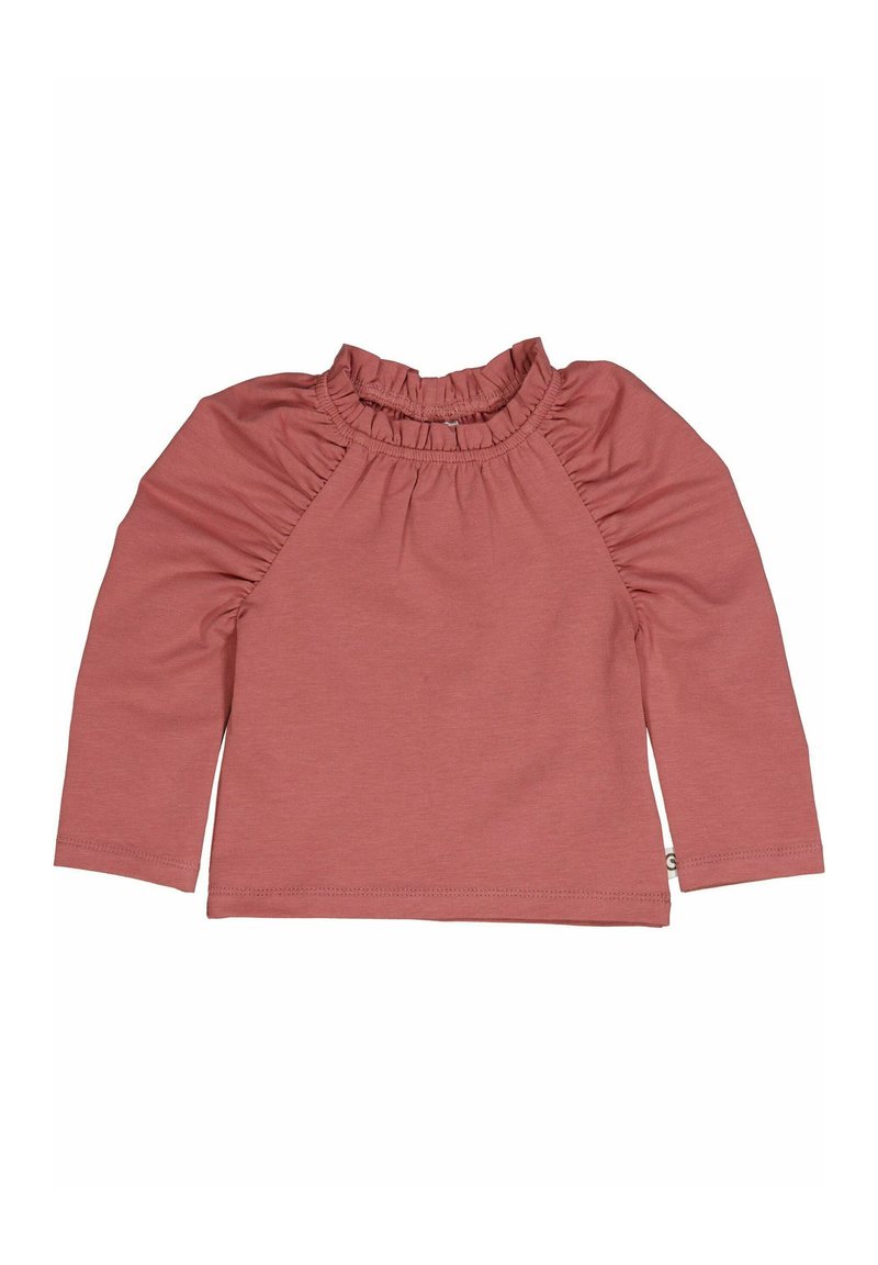 Top a maniche lunghe in rosa tenue, con colletto alto arricciato e arricciature alle cuciture delle spalle. Tessuto morbido con orlo dritto.
