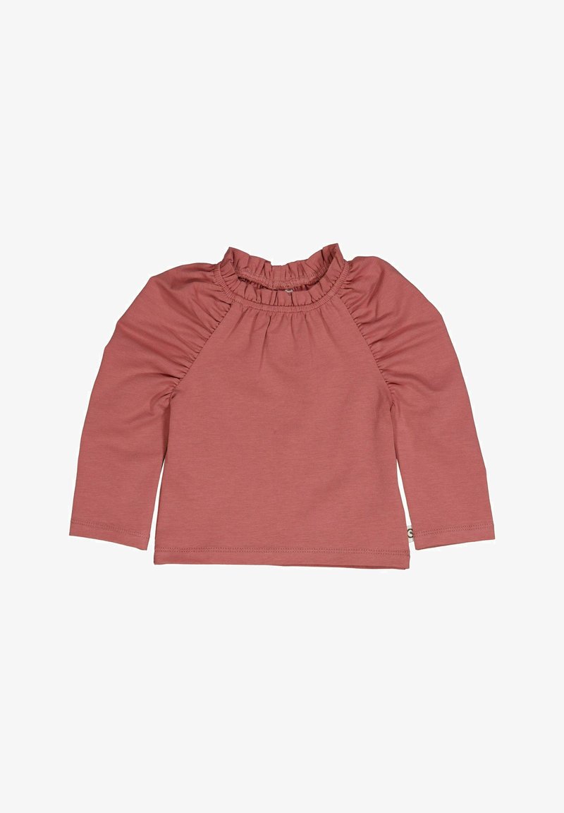 Langärmliges Oberteil in gedämpftem Rosaton mit einem voluminösen hohen Kragen und Raffung an den Schulternähten. Glattes Material mit geradem Saum.