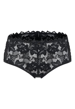 Culotte en dentelle noire avec motif floral, bordures festonnées, texture transparente et coutures décoratives le long de la taille, ornée d'un petit accent central.