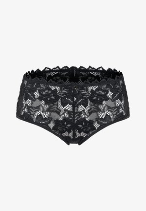 Culotte en dentelle noire avec motif floral, bordures festonnées, texture transparente et coutures décoratives le long de la taille, ornée d'un petit accent central.