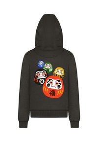 Dark grey hoodie featuring a graphic of five daruma dolls in various colors, with accents of red, black, green, blue, and yellow.