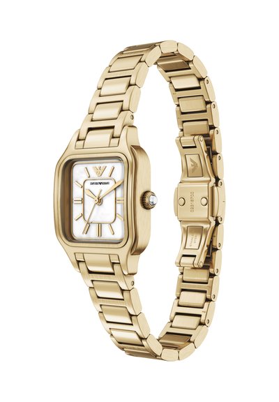 Polshorloge van metaal in goudkleur met een vierkante kast, een wijzerplaat van witte parelmoer, gouden indexen en een schakelarmband met details van roestvrij staal.