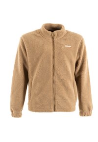 Giacca in pile beige a zip intera con colletto alto, maniche lunghe, polsini elasticizzati e piccolo logo ricamato sul petto sinistro.