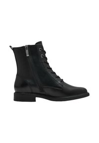 Bottine en cuir noir avec fermeture éclair latérale et lacets à l'avant, talon bas et languette à l'arrière.