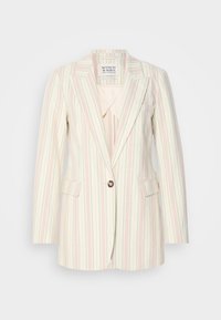 Blazer a righe in rosa pastello, verde e crema, con collare a revers, chiusura a un bottone e tasche frontali. Tessuto testurizzato.