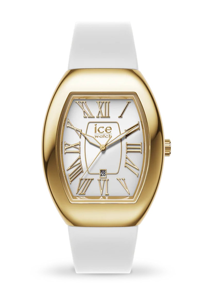 Orologio quadrato color oro con numeri romani su un cinturino in silicone bianco. Il quadrante presenta una finestra per la data, vetro liscio e lunetta testurizzata.