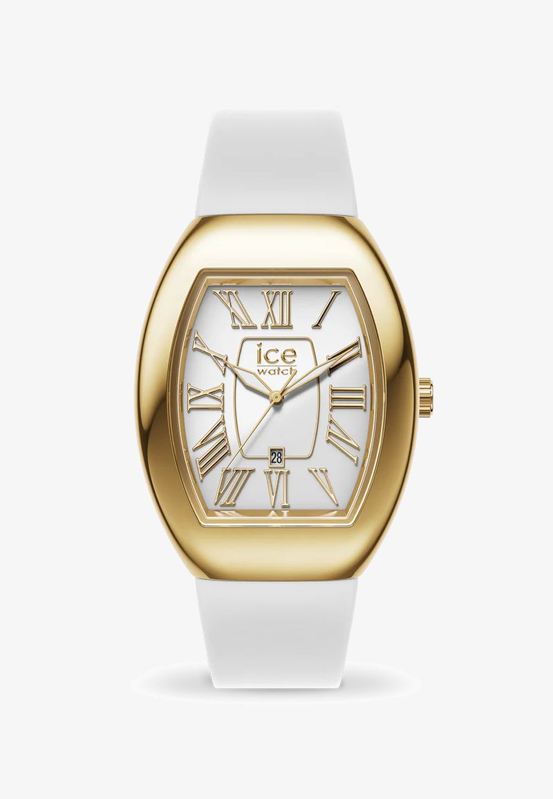 Reloj cuadrado dorado con números romanos en una correa de silicona blanca. La esfera cuenta con una ventana de fecha, cristal liso y bisel texturizado.