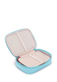 Blue zippered case with pink interior, featuring elastic straps for organization. Soft texture, compact rectangular shape.