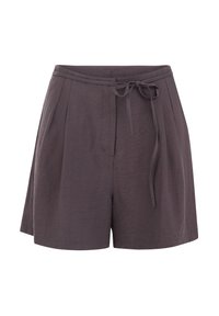 Tmavě šedé šortky vyrobené z lehkého materiálu, nabízející stahovací pas, sklady a volný střih. Hladký povrch bez vzorů.