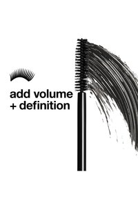 Scopino per mascara nero con setole, ricoperto di mascara nero, creando un colpo curvo. Il testo recita "aggiungi volume + definizione."