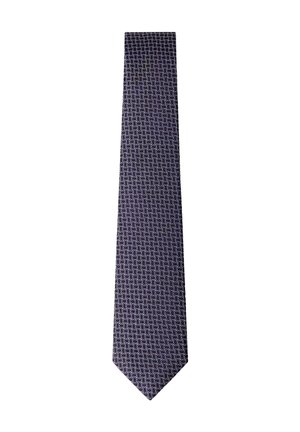 Corbata azul oscuro con un patrón repetitivo de formas geométricas de cubo en tonos azul claro y blanco.
