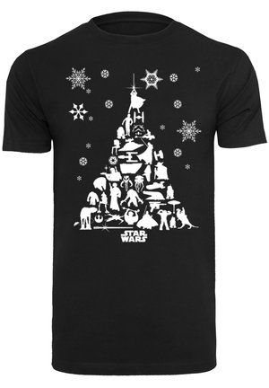 Sort T-shirt med et hvidt grafisk design, der viser et juletræ lavet af Star Wars-figurer og snefnug.