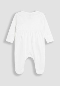 Body pour bébé à manches longues blanc avec encolure ronde, taille froncée et design pieds, fabriqué en tissu doux, style minimaliste.